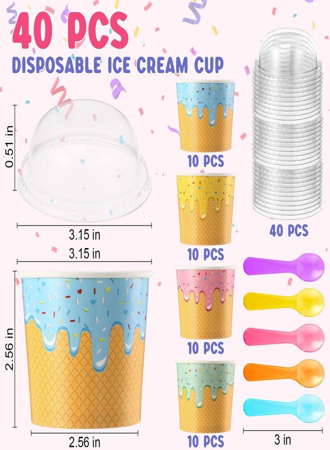 Jingmore 40 Pack Ice Cream Cups with Lids and Spoons Paper Dessert Cups Colorful Sundae Bowls Disposable Ice Cream Containers for Hot Soup Spring Summer Graduation Bar Party Supplies (6 oz) - Image 2